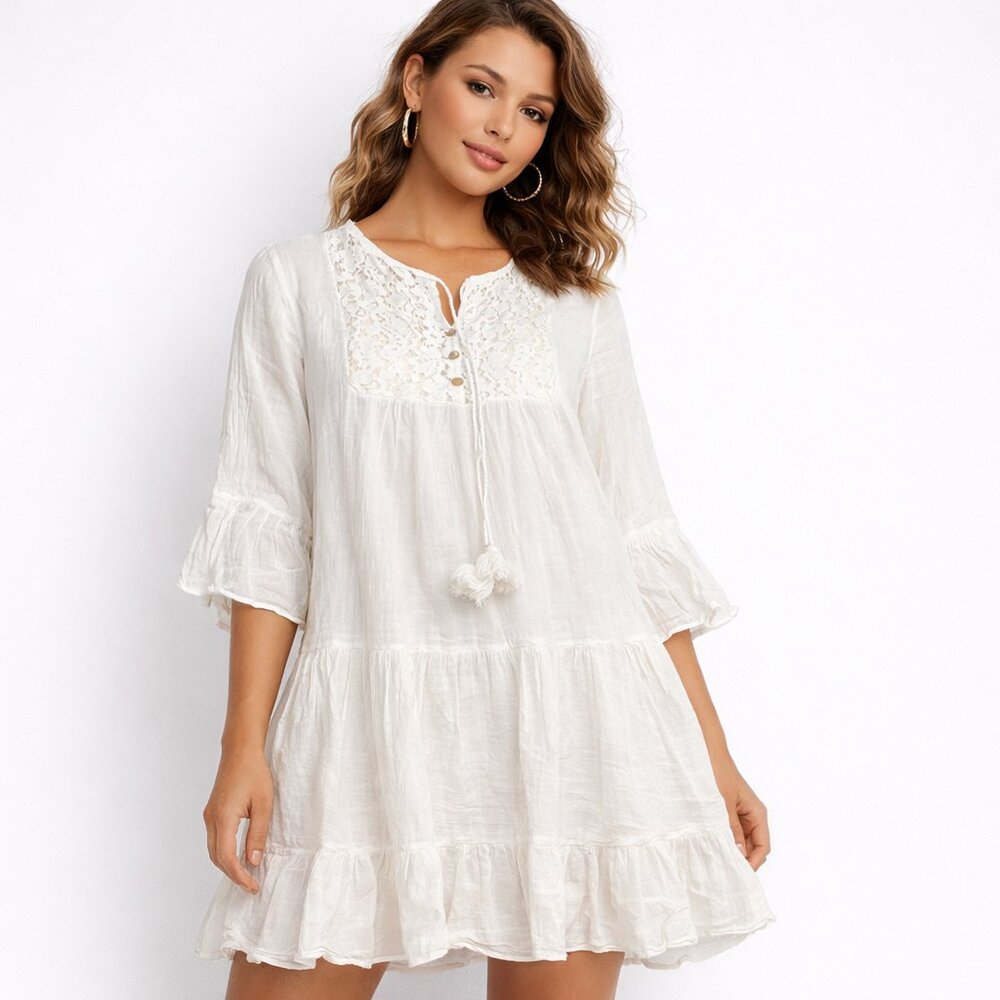 Angela Mara Gauze Lace Inset Boho Peasant Dress White L